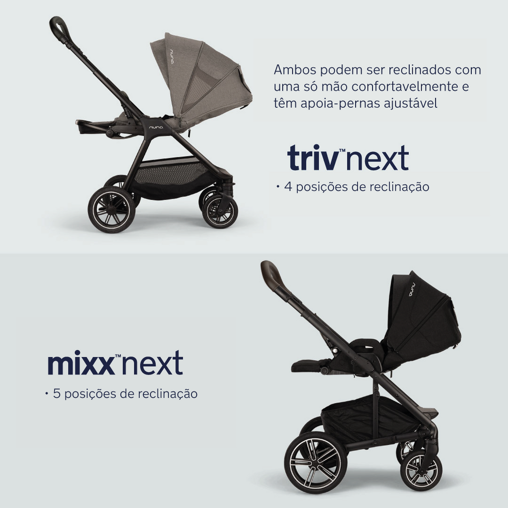 Comparação visual do carrinho Nuna TRIV NEXT cinzento com 4 posições de reclinação e o MIXX NEXT preto com 5 posições, destacando o apoio de pernas ajustável.
