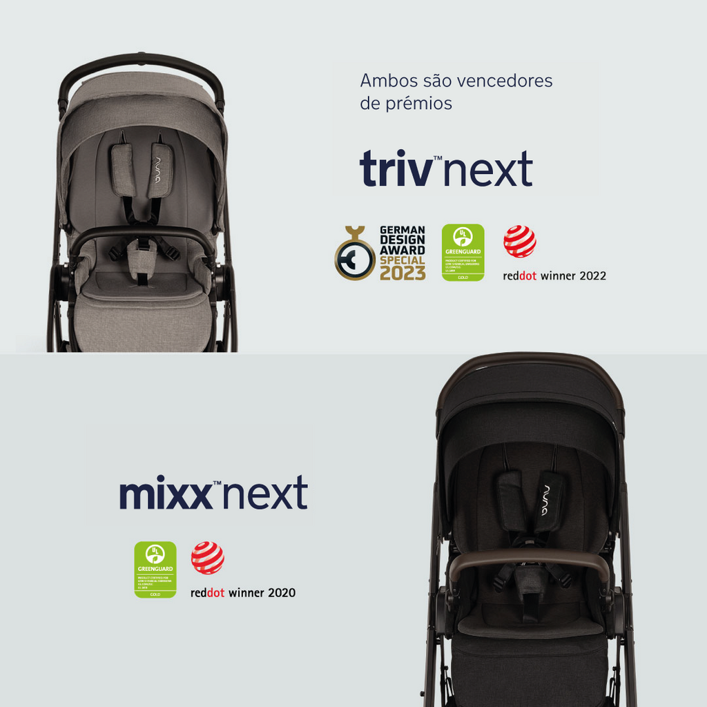 Comparação de modelos Nuna TRIV NEXT e MIXX NEXT, destacando prémios como Red Dot e GREENGUARD Gold.