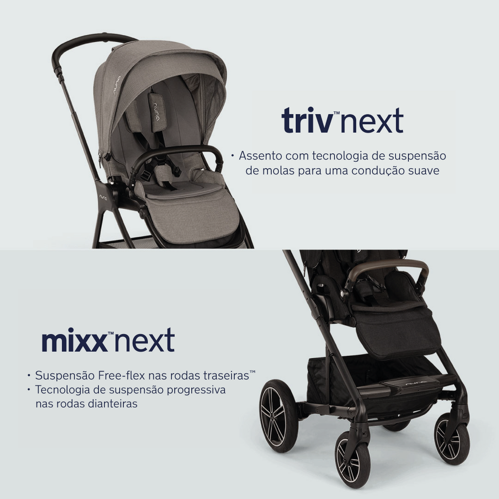 Comparação da tecnologia de suspensão: TRIV NEXT com suspensão de molas e MIXX NEXT com suspensão Free-flex nas traseiras e progressiva nas dianteiras.