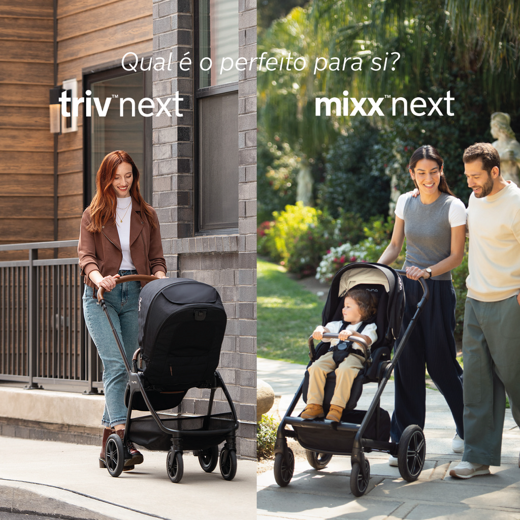 Famílias a usar os carrinhos Nuna TRIV NEXT (sozinha) e MIXX NEXT (casal com bebé) em ambientes urbanos e de jardim.