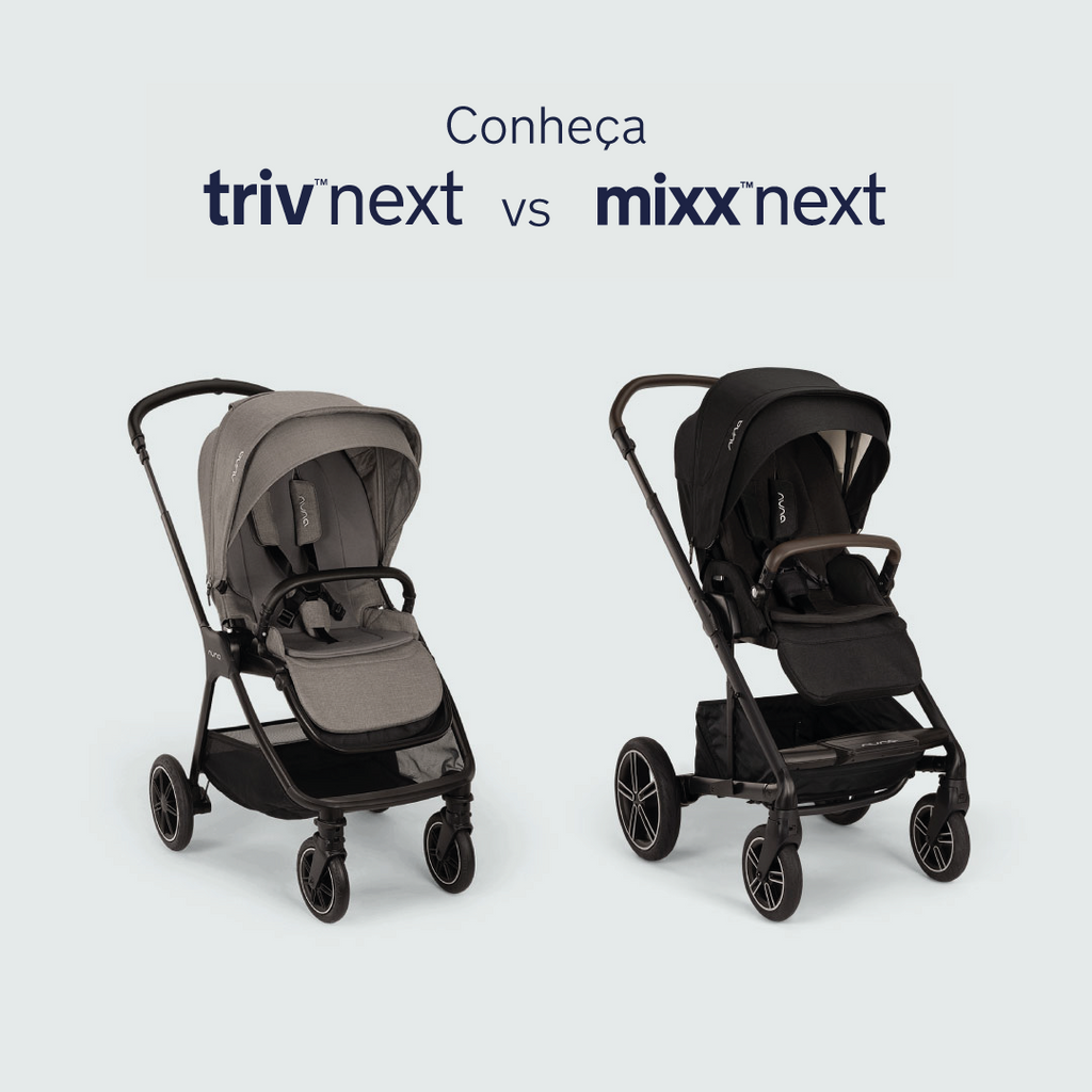 Comparação lado a lado dos carrinhos Nuna TRIV NEXT (cinzento) e Nuna MIXX NEXT (preto), destacando as diferenças de design e cor.
