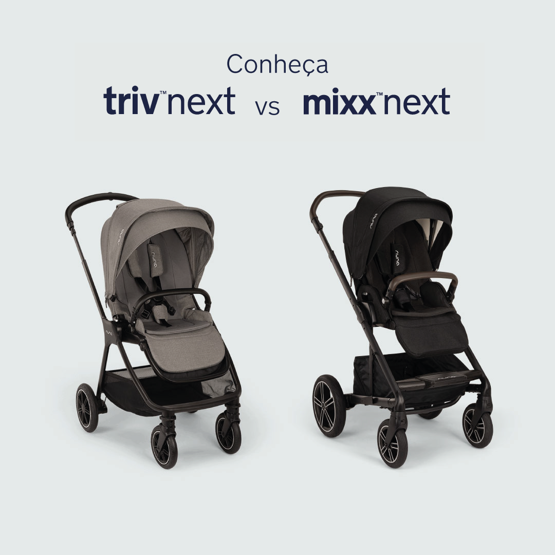 Comparação lado a lado dos carrinhos Nuna TRIV NEXT (cinzento) e Nuna MIXX NEXT (preto), destacando as diferenças de design e cor.