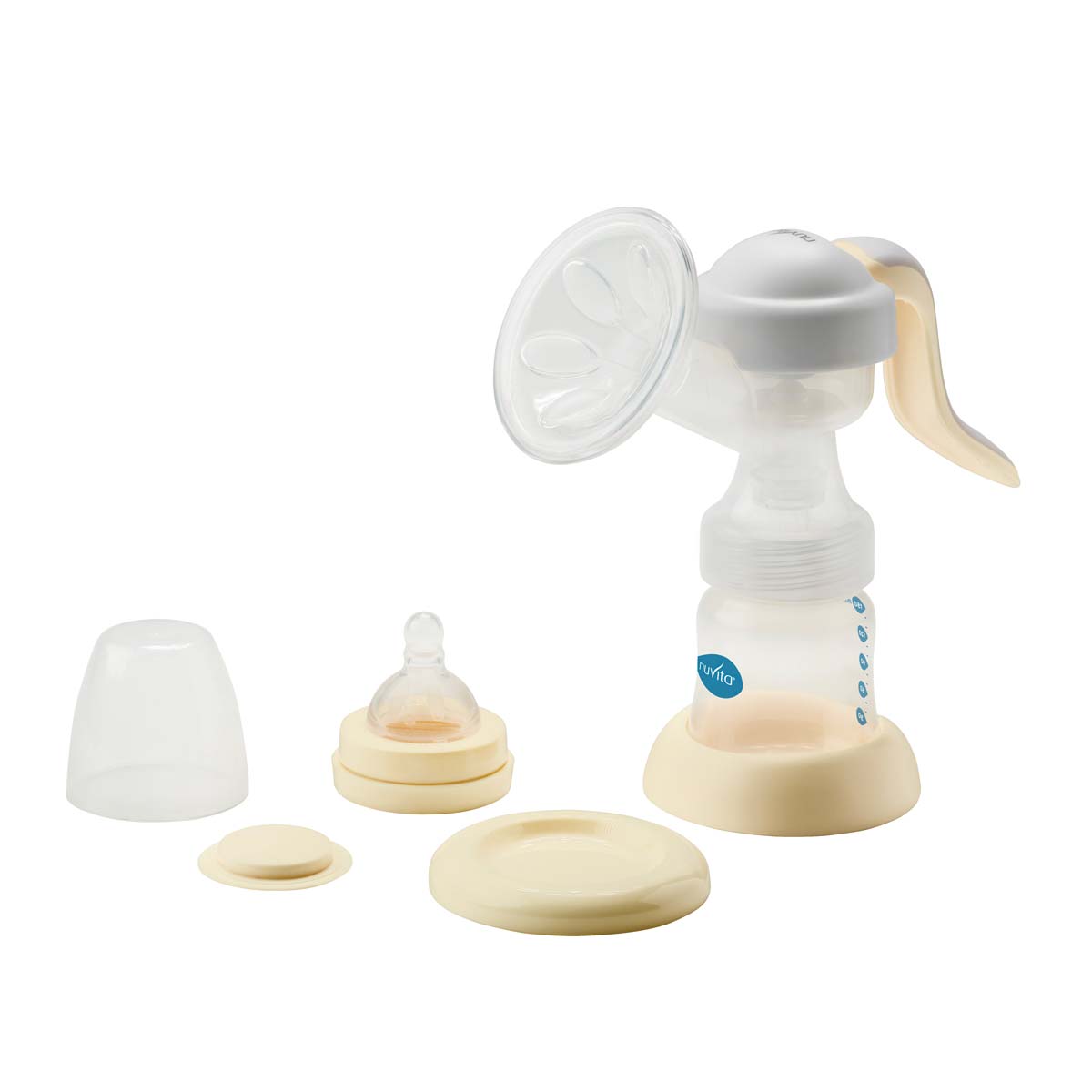 Close-up da campânula com almofada de silicone macia com pétalas estimulantes e massageadoras do extrator Nuvita.