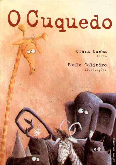 Capa do livro "O Cuquedo e um Amor que Mete Medo", com ilustrações de uma girafa, elefante, zebra e outros animais, em tons quentes e estilo divertido.