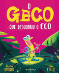 Capa do livro infantil "O Geco que Descobriu o Eco", com um geco amarelo e azul a tocar um ukulele sobre folhas verdes, contra um fundo rosa choque.