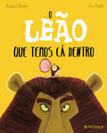 Ilustração da capa do livro "O Leão que Temos Cá Dentro", mostrando um pequeno rato em cima da cabeça de um leão, com fundo amarelo vibrante.