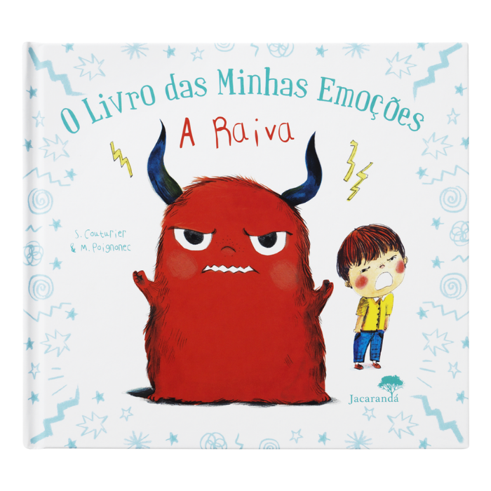 Ilustração colorida do livro "O Livro das Minhas Emoções - A Raiva", mostrando um monstro vermelho raivoso e uma criança zangada.