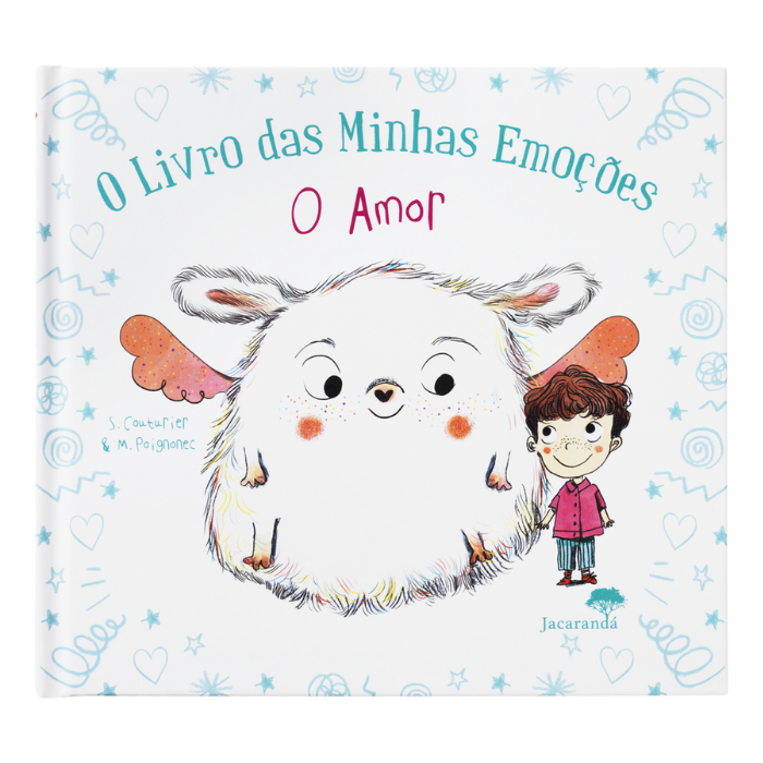 Ilustração encantadora do livro "O Livro das Minhas Emoções - O Amor", mostrando um personagem fofinho e uma criança, transmitindo carinho e afeto.