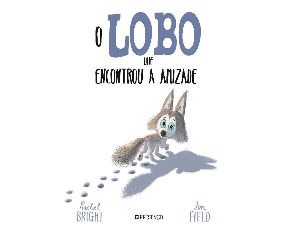 Ilustração encantadora do livro "O Lobo que Encontrou a Amizade", mostrando um pequeno lobo caminhando na neve, deixando pegadas.