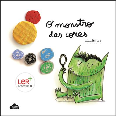 Ilustração colorida do livro "O Monstro das Cores", mostrando um monstro verde observando bolinhas coloridas que representam diferentes emoções.