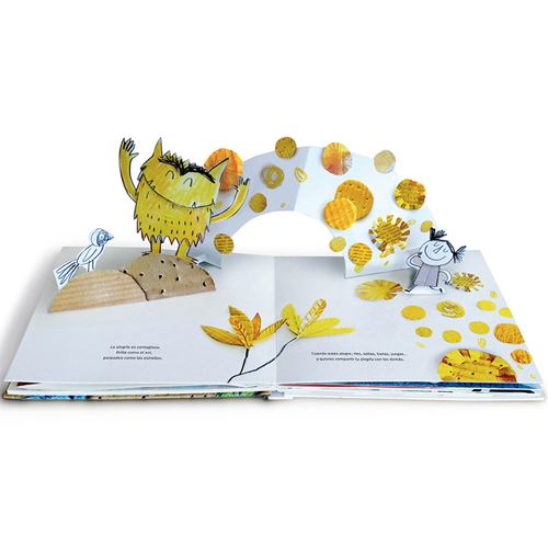 Imagem do livro aberto, mostrando o monstro amarelo e elementos pop-up tridimensionais, representando alegria e outras emoções.