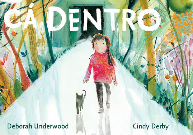 Ilustração do livro "O Mundo Cá Dentro", mostrando uma menina caminhando por um caminho branco em direção a uma floresta colorida, acompanhada por um gato.