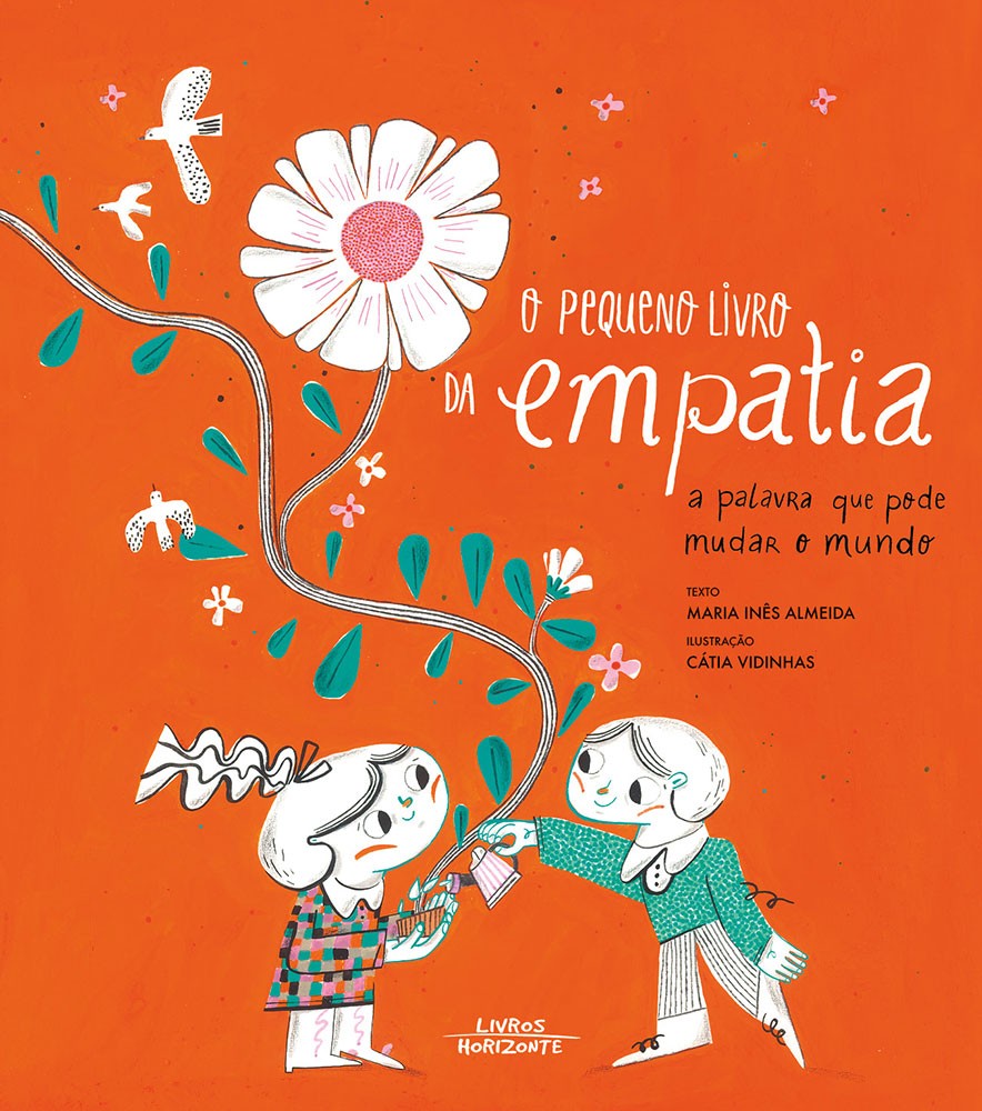 Ilustração colorida e encantadora do livro "O Pequeno Livro da Empatia", mostrando duas crianças regando uma flor, representando o ato de cuidar e compartilhar.