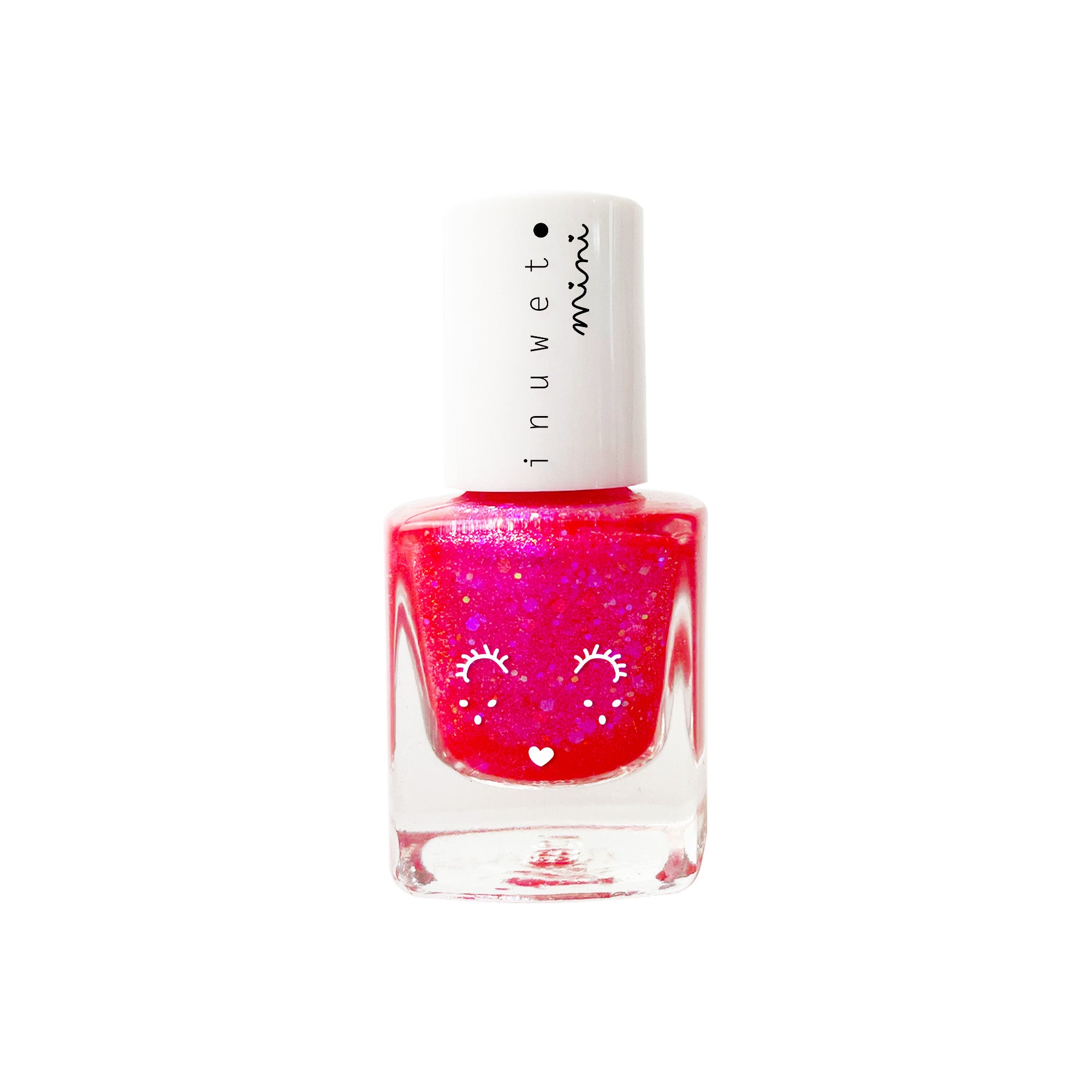 Frasco de verniz de água Inuwet Mini com glitter vermelho e design de rosto de unicórnio.