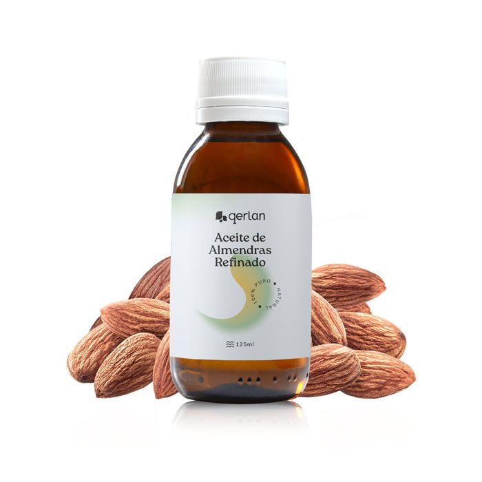 Frasco de vidro âmbar com tampa branca, contendo Óleo de Amêndoas Refinado (125ml), rodeado por amêndoas inteiras. Foco no produto Gotu.