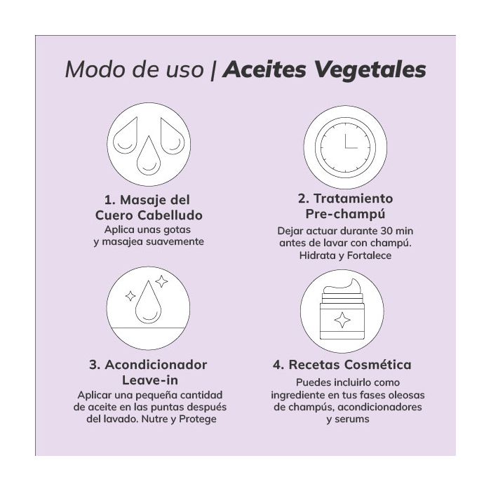 Infografia com quatro ícones e texto a explicar o modo de uso do óleo vegetal: massagem no couro cabeludo, tratamento pré-champô, condicionador leave-in e receitas cosméticas.