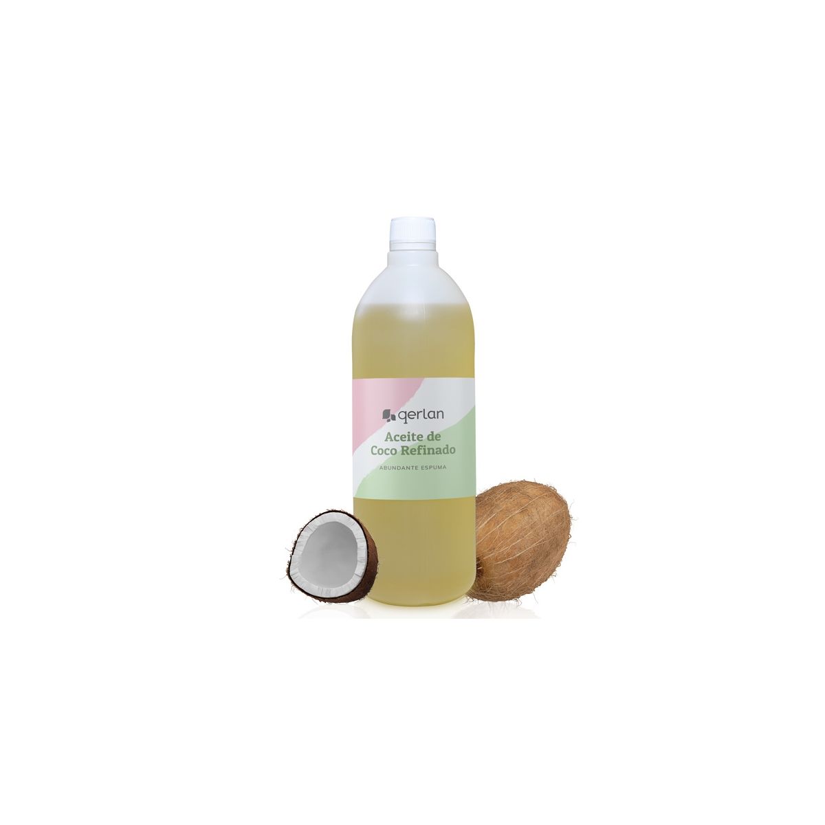Garrafa de 500ml de Óleo de Coco Refinado Gotu, com um coco inteiro e um coco partido ao lado, ideal para saboaria.