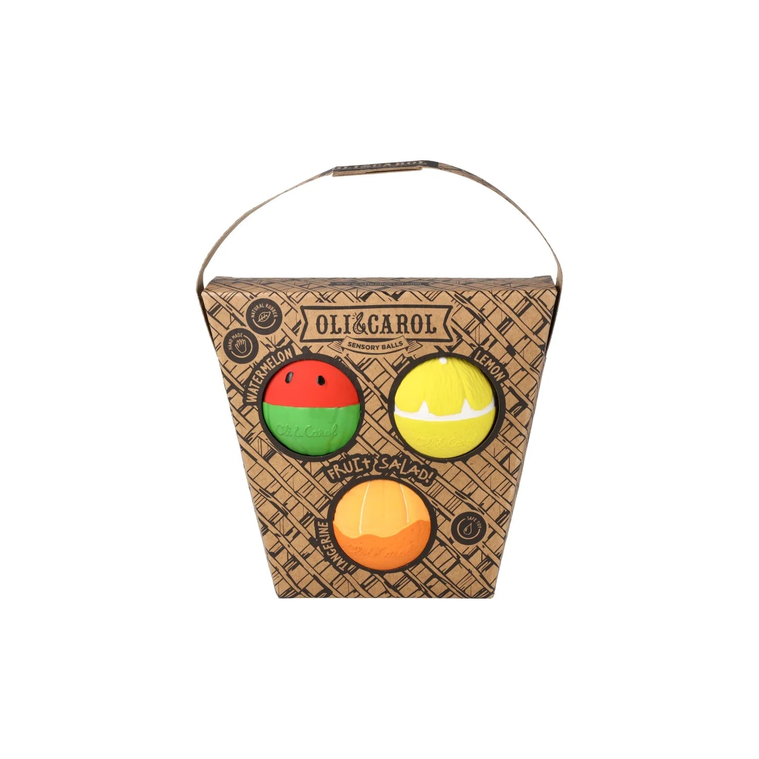 Embalagem completa das bolas sensoriais Oli & Carol Fruit Salad, com as três bolas visíveis na caixa de cartão.