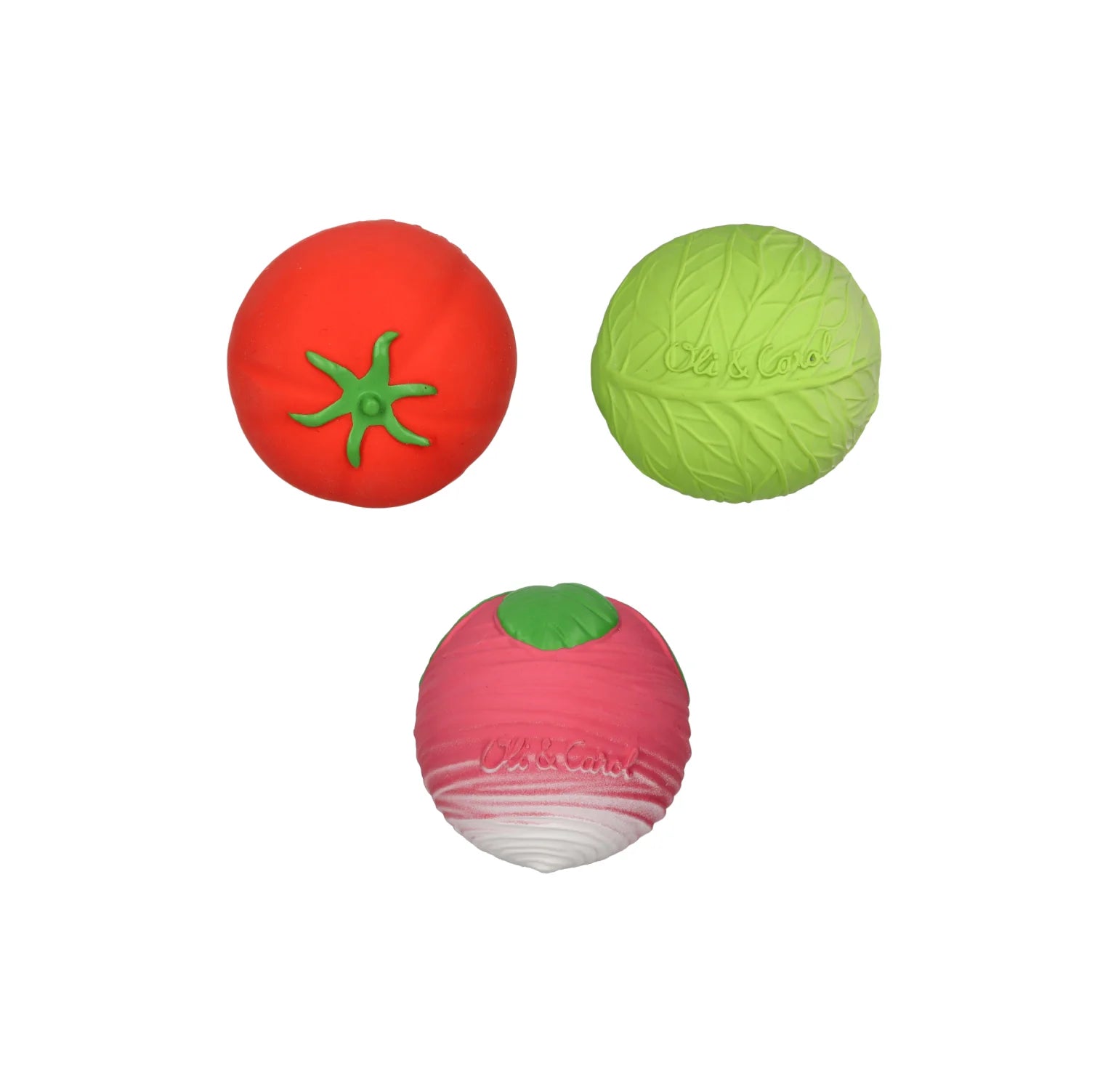 Conjunto de 3 bolas sensoriais Oli & Carol em forma de tomate, couve e rabanete. Brinquedo educativo para bebés, feito de borracha natural.
