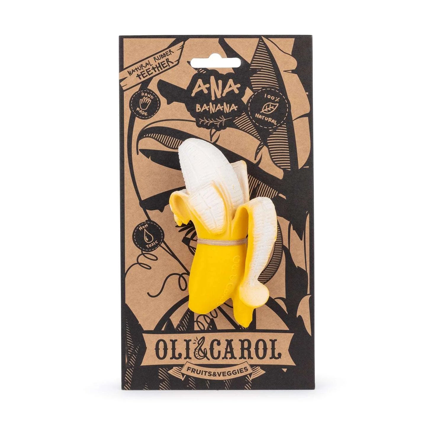 Embalagem do mordedor Ana a Banana da Oli & Carol, mostrando o produto e informações importantes como material natural e idade recomendada.