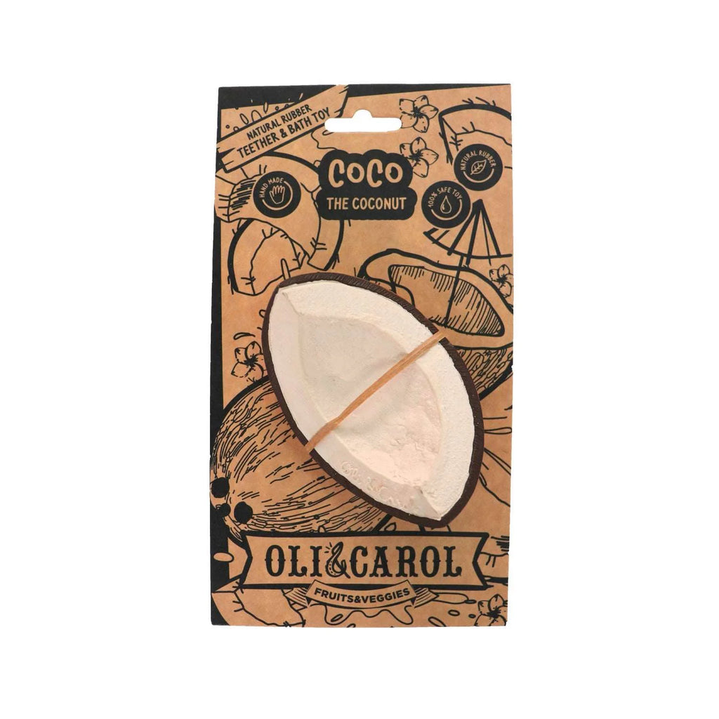Embalagem do mordedor Coco the Coconut da Oli & Carol, mostrando o produto e informações sobre a sua composição natural e origem.