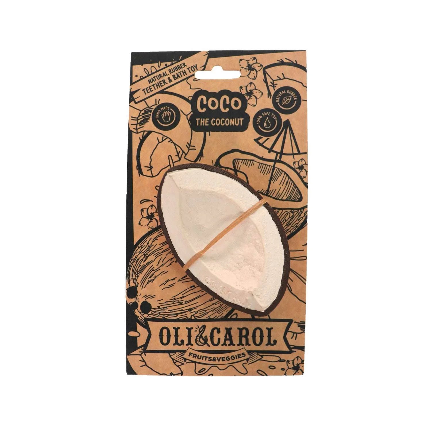 Embalagem do mordedor Coco the Coconut da Oli & Carol, mostrando o produto e informações sobre a sua composição natural e origem.