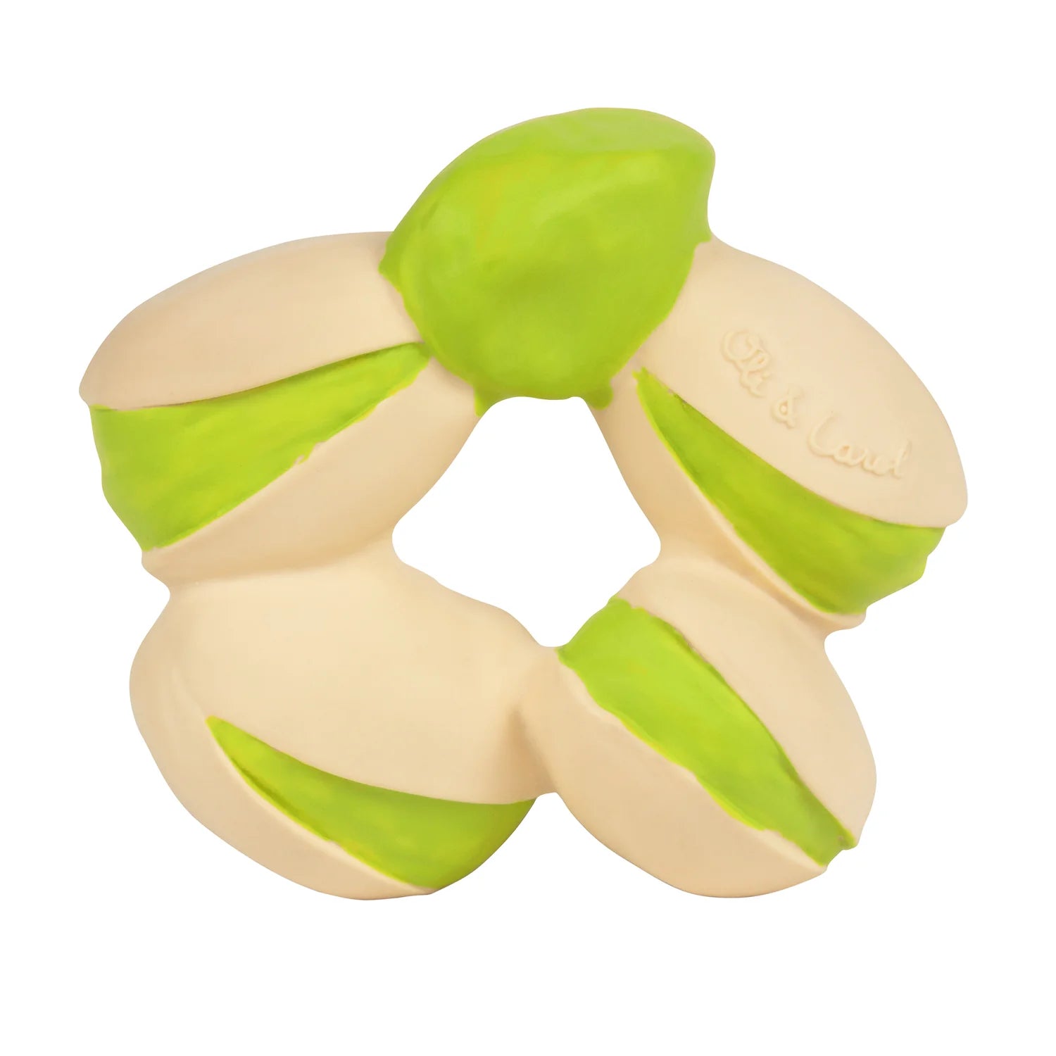 Mordedor Patrício o Pistachio da Oli & Carol, em borracha natural, com formato de pistácios. Ideal para bebês a partir de 0 meses.