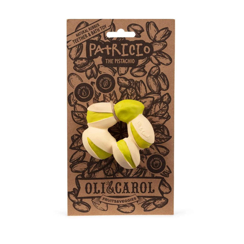 Mordedor Patrício o Pistachio da Oli & Carol na sua embalagem.  Feito de borracha natural, 100% seguro para bebês.