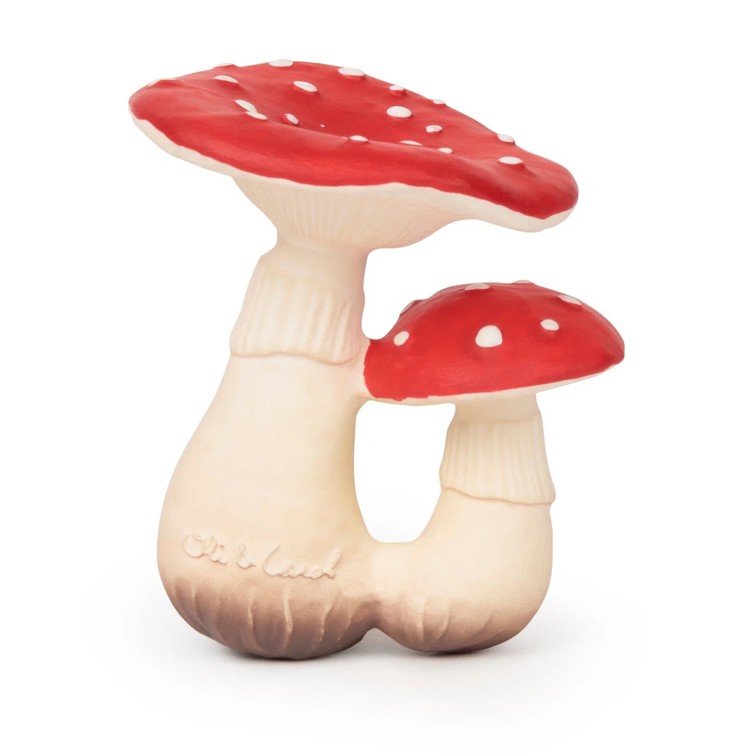 Mordedor Spot o Cogumelo da Oli & Carol, em forma de cogumelo vermelho com pintas brancas, feito de borracha natural.