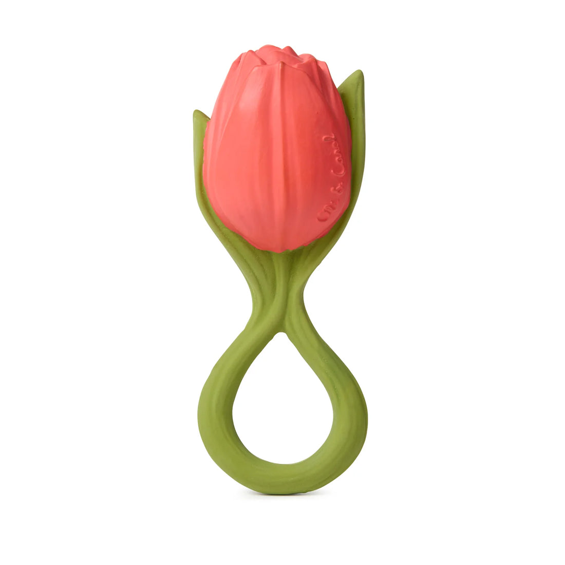 Mordedor Oli & Carol Theo a Tulipa cor-de-rosa e verde em borracha natural, ideal para bebês.