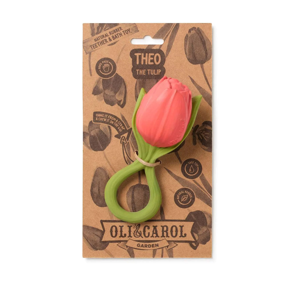 Mordedor Oli & Carol Theo a Tulipa na sua embalagem ecológica, mostrando detalhes do produto.