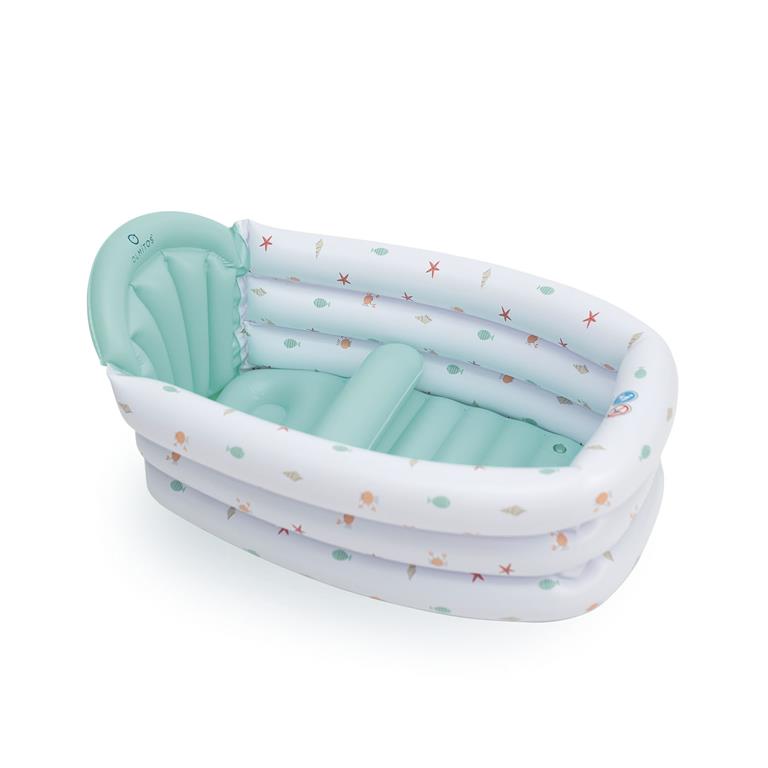 Vista superior da banheira insuflável Olmitos, destacando o assento ergonómico e o separador de pernas para maior segurança.