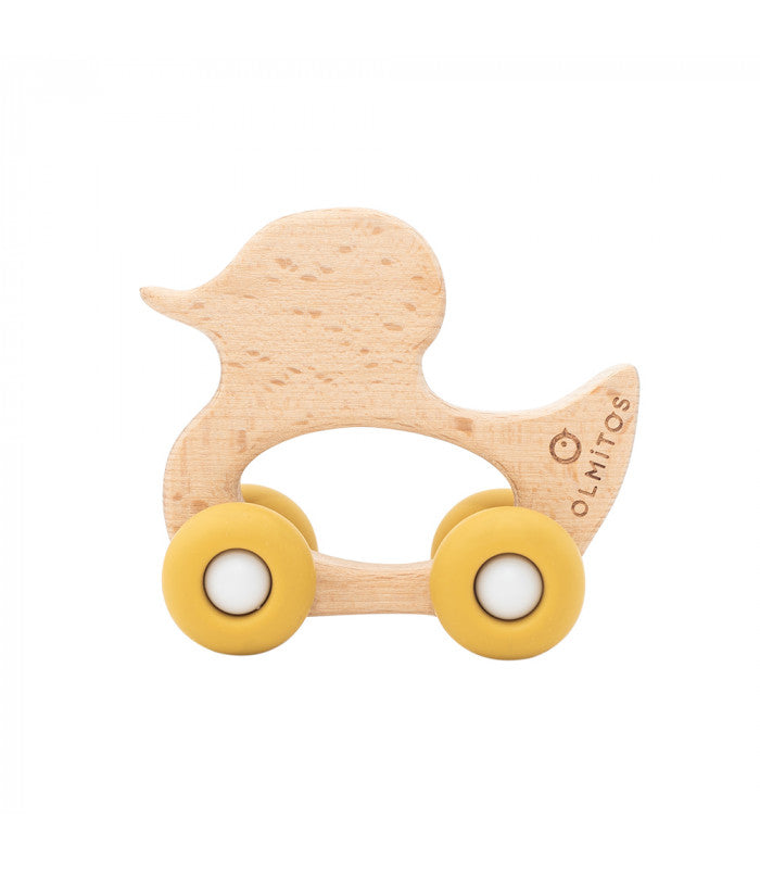 Patinho de puxar e empurrar Olmitos em madeira de faia, com rodas amarelas de silicone, visto de lado.
