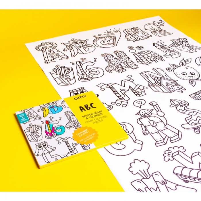 Detalhe do póster gigante para colorir OMY ABC desdobrado, mostrando as letras ilustradas e prontas para colorir.