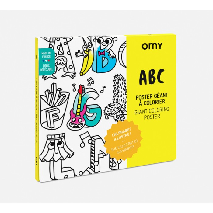 Póster gigante para colorir OMY ABC, mostrando a caixa com ilustrações das letras do alfabeto e detalhes do produto.
