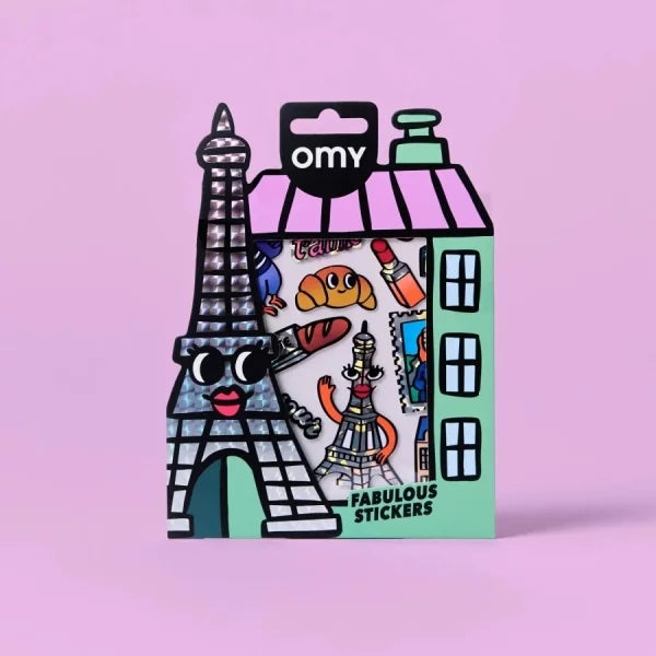Embalagem de autocolantes OMY "Fabulous Stickers" com design da Torre Eiffel e ilustrações parisienses, em fundo rosa claro.