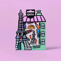Embalagem de autocolantes OMY "Fabulous Stickers" com design da Torre Eiffel e ilustrações parisienses, em fundo rosa claro.