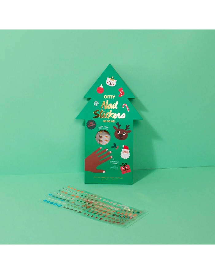 Embalagem dos OMY autocolantes para unhas, mostrando o design colorido com 200 autocolantes de caras de animais.