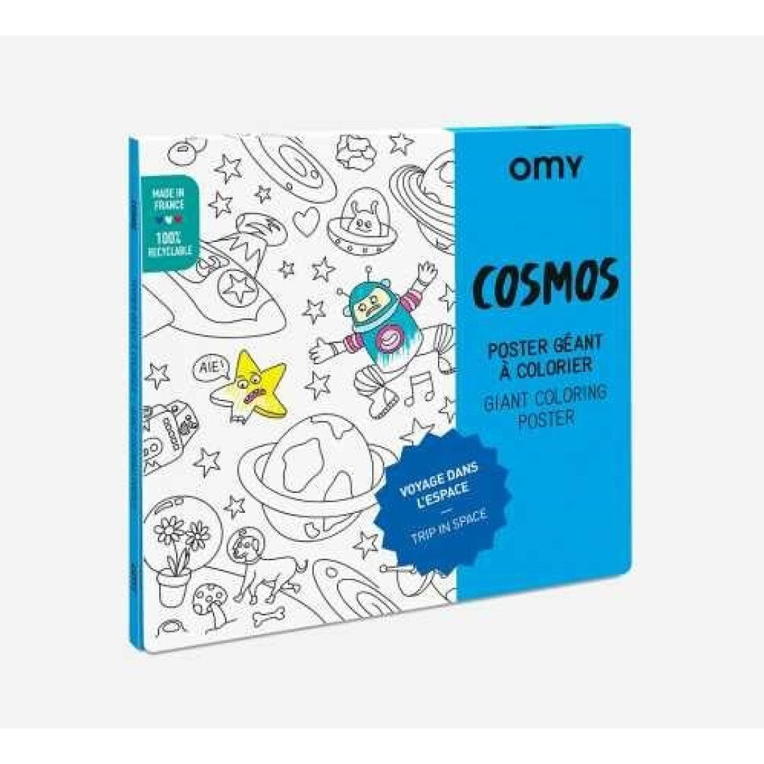 Embalagem do póster gigante para colorir OMY Cosmos, mostrando a capa com ilustrações espaciais e o nome do produto.