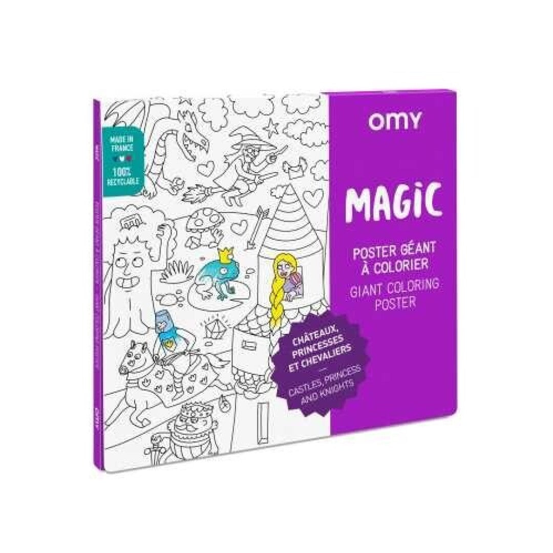 Caixa do póster gigante para colorir OMY Magic, mostrando a capa com ilustrações de castelos, princesas, dragões e cavaleiros.