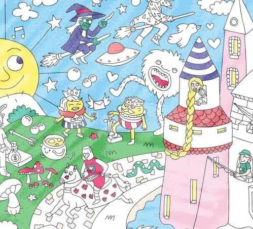 Detalhe do póster gigante para colorir OMY Magic, mostrando uma variedade de personagens e elementos fantásticos, como uma bruxa, um monstro e um castelo.