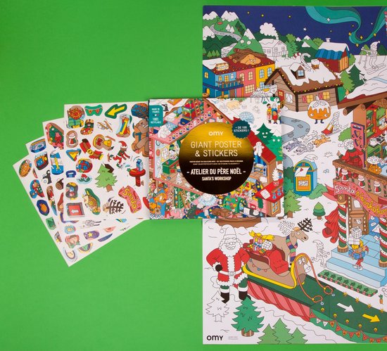 Caixa do Poster Gigante e Autocolantes OMY - Fábrica do Pai Natal, mostrando o poster colorido e os autocolantes.