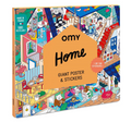 Embalagem quadrada do OMY Poster Giant Poster & Stickers Home, mostrando a ilustração colorida do interior de uma casa com vários pisos.