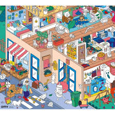 Detalhe da ilustração do póster OMY Casa, mostrando a secção da rua e o rés-do-chão com figuras a interagir em frente à casa.