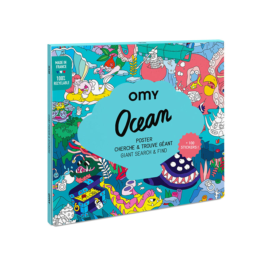 Imagem do Póster Autocolantes XL Oceano da OMY, mostrando a caixa fechada com ilustrações vibrantes da vida marinha.