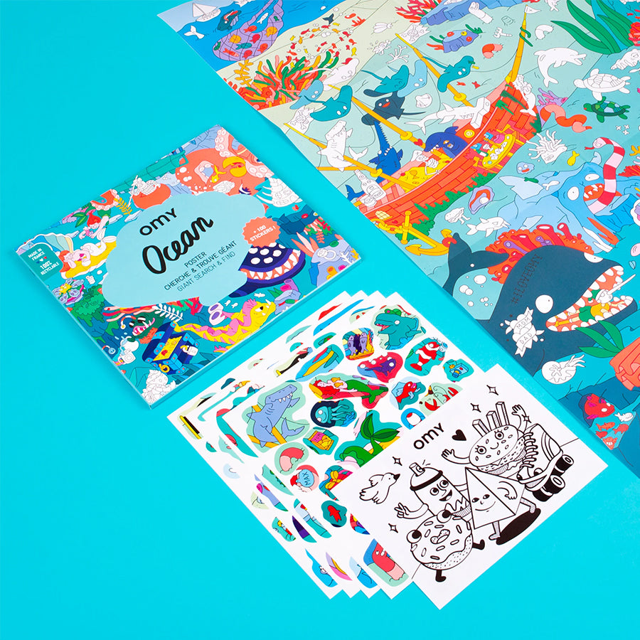 Imagem do Póster Autocolantes XL Oceano da OMY, mostrando a caixa fechada com ilustrações vibrantes da vida marinha.
