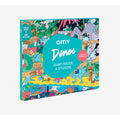 Embalagem quadrada do Poster Gigante OMY Dinos com a capa colorida, destacando o título "Dinos" e a indicação "+ DE 100 STICKERS!".
