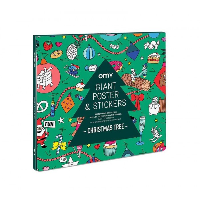 Embalagem fechada do OMY Poster e Autocolantes - Árvore de Natal, com design verde e ilustrações festivas como Pai Natal, boneco de neve e doces.
