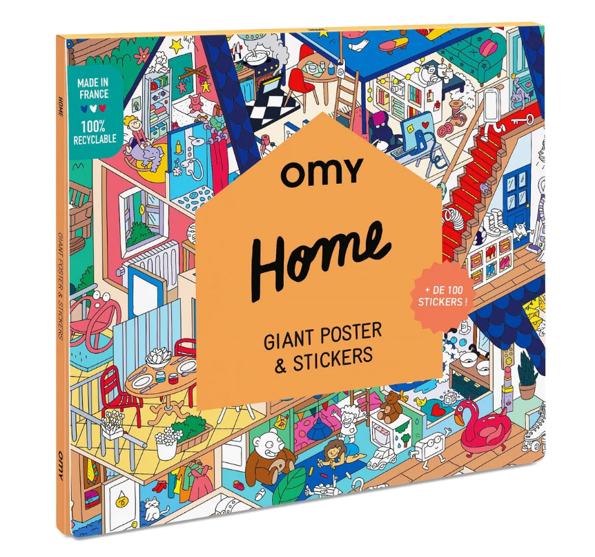 Imagem da caixa do póster gigante OMY Home com autocolantes, mostrando o design colorido e os detalhes do produto.