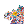 Imagem mostrando o póster gigante OMY Home, os autocolantes e a caixa individualmente, destacando o conteúdo completo.